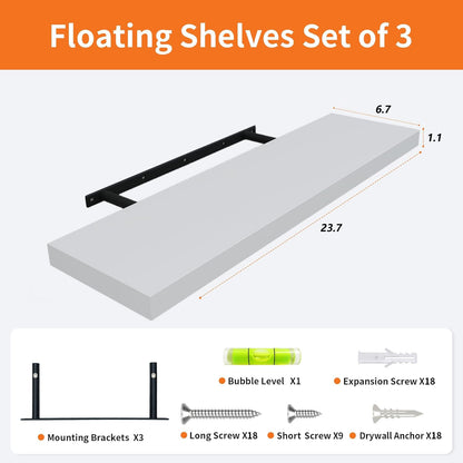 Upassion Floating Shelves for Wall Set of 3, 24" White Wall Shelves for Home Decor, Frame Display White Floating Shelf for Living Room, Bedroom, Bathroom, Kitchen