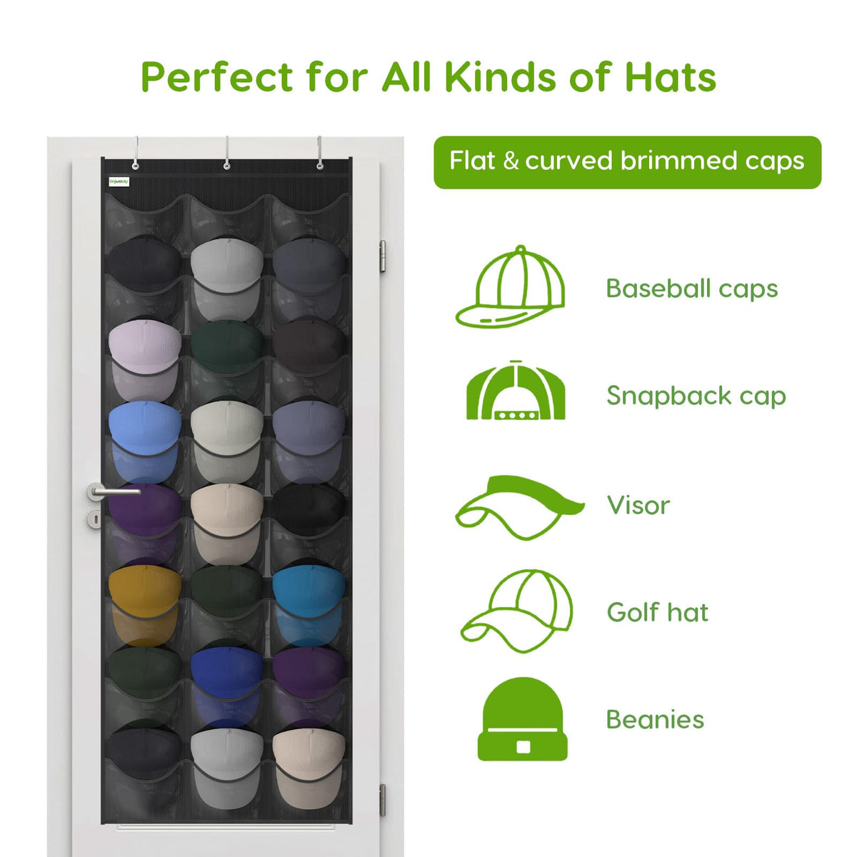Unjumbly Baseball Hat Rack, 24 Pocket Over-The-Door Hat Organizer with Clear Deep Pockets to Display Baseball Caps Collection, Complete with 3 Over Door Hooks (Black, 24 Pockets)