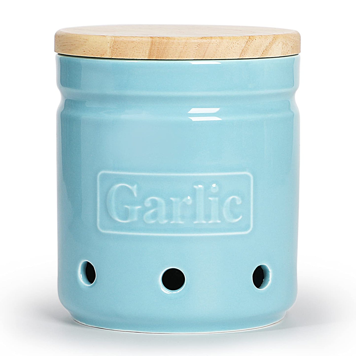 ONTUBE Garlic Keeper with Wooden Lid, 4.5-Inch Ceramic Garlic Holder 24oz (Turquoise)