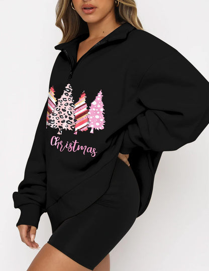 Christmas Sweatshirts for Women - Half Zip & Quarter Zip Pullover Oversized Long Sleeve Tops - Pink & Black Merry Christmas Trees V Neck Outfits - Teen Girls Fall Fashion Y2K Clothes