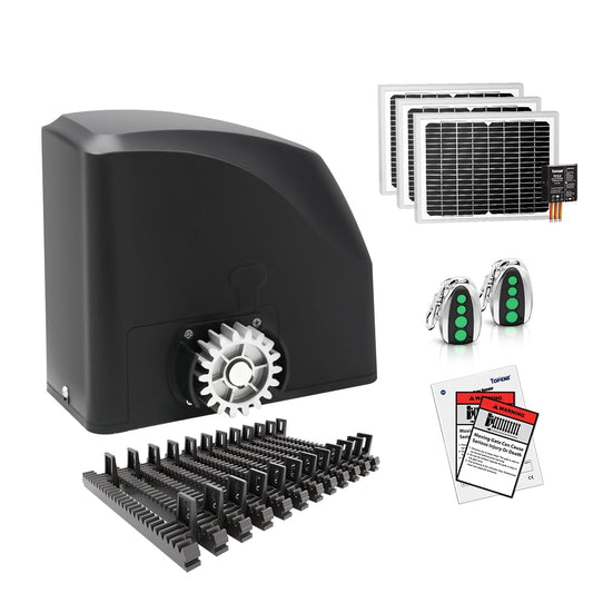 TOPENS DKR500ST Solar Sliding Gate Opener Rack Drive Automatic Gate Motor for Heavy Driveway Slide Gates Up to 1300 Pounds, Electric Gate Operator Battery Powered with Solar Panel Remote Control Kit