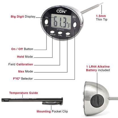 CDN Digital Thermometer | NSF Certified | ProAccurate® | 5" Stem with Protective Sheath | For Meat, Poultry, Candy | Easy One-Button Operation | DT392