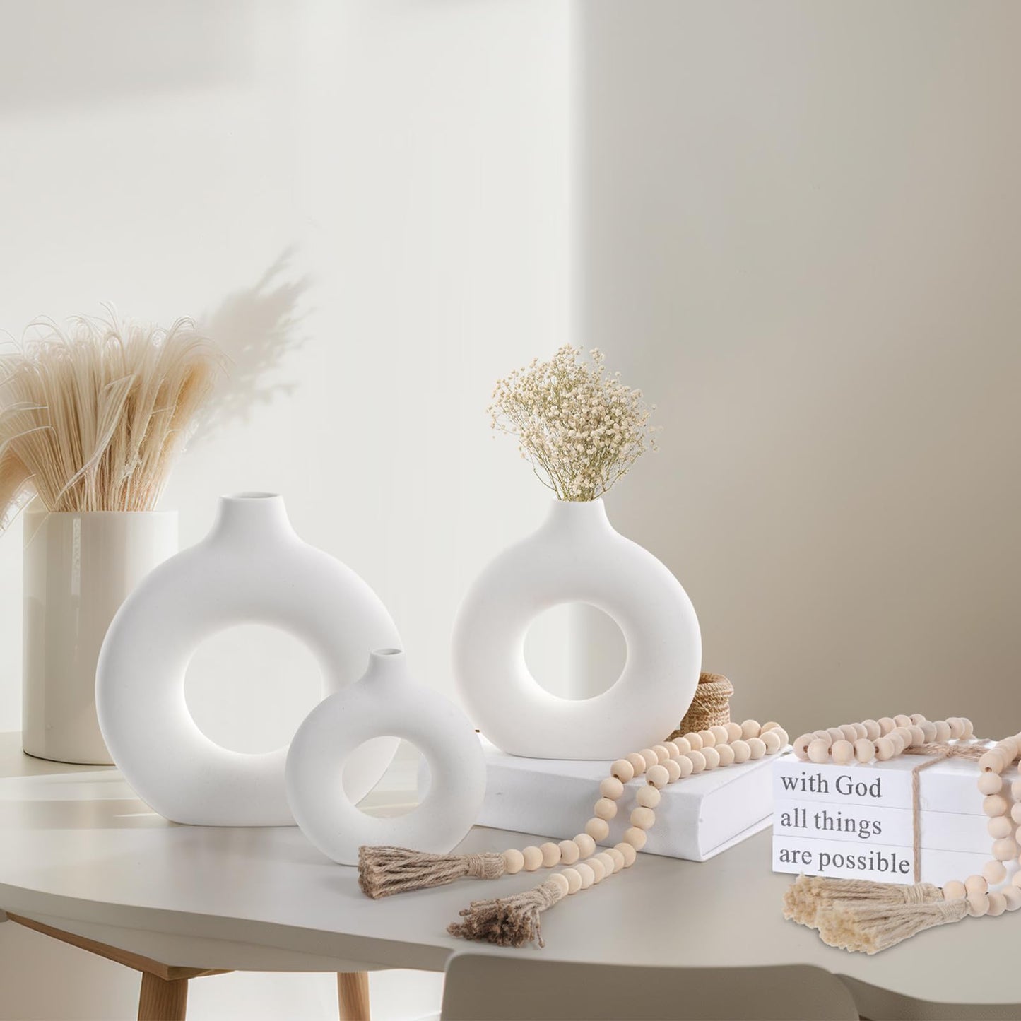 Reallnaive 8 Pcs Rustic Vase Centerpieces Set Included Boho Ceramic Vase Decorative Books Wood Bead Garland with Tassels for Farmhouse Table Island Living Room Decor(with God All Things are Possible)