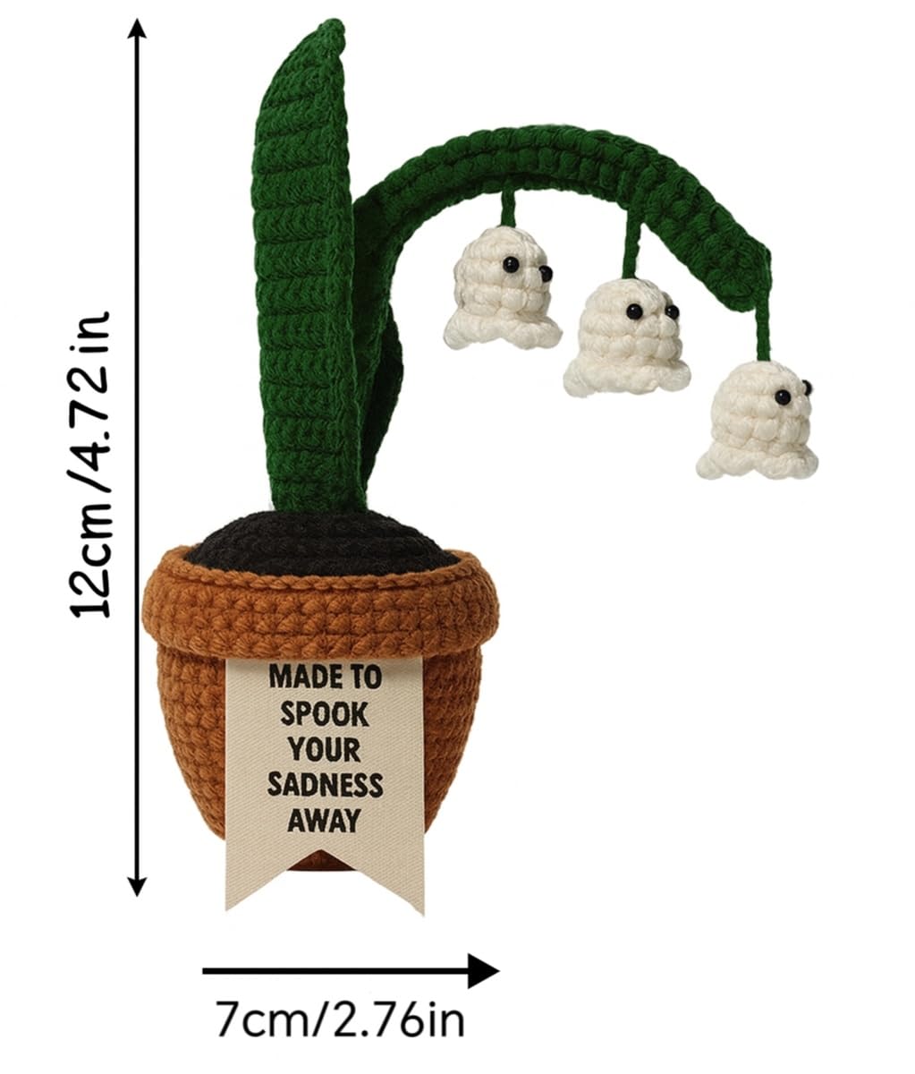 Acecare Halloween Crochet Ghost Lily of The Valley in Pot | Handmade Amigurumi Creepy Plant Decoration | Spooky Table Ornament, Trick or Treat Gift with Pumpkin Commemorative Coin