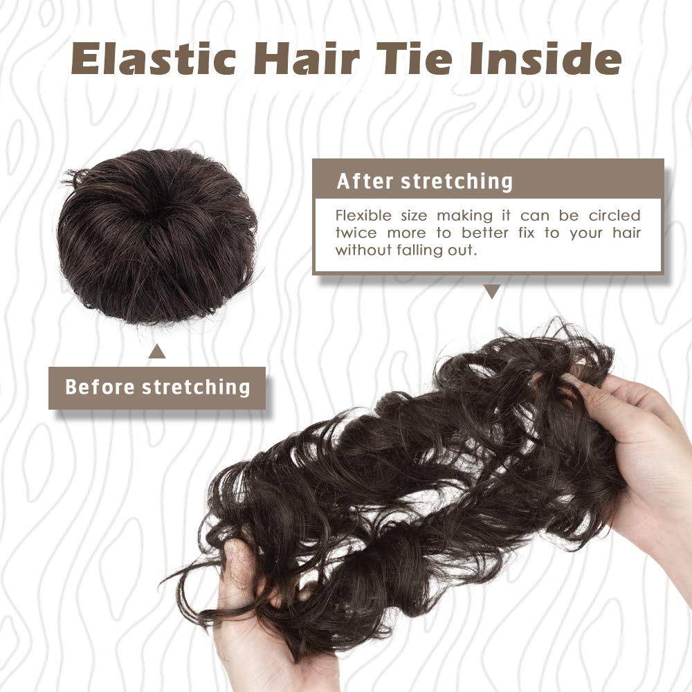 100% Human Hair Scrunchies, BARSDAR Curly Messy Bun Hairpiece Extensions Wedding Hair Pieces for Women Messy Bun Real Hair Updo Donut Chignons 2# Dark Brown