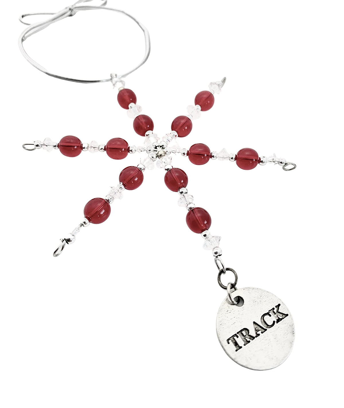 Track Round Ornament - Beaded Snowflake Christmas Ornament with Red Beads