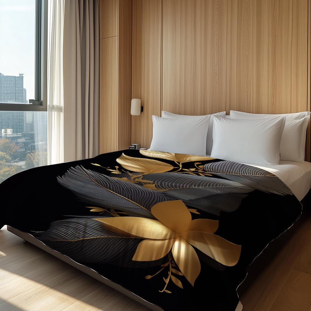 HUNXIAOJ Black and Gold Throw Blanket Abstract Print Blanket Gold Leaves Throw Abstract Bedding Warm Soft Flannel for Adults Bed Sofa Couch (50 in x 60 in)