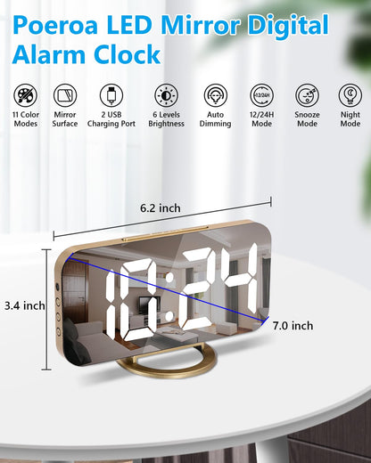 Poeroa Digital Alarm Clock,7 in LED Mirrored Clocks Large Display,with 2 USB Charger Ports,Auto Dim,Night Mode,Modern Desktop Electronic Clocks for Bedroom Home Office Decor - Gold