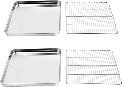 AIKKIL Baking Sheet with Rack Set [2 Sheets + 2 Racks], Stainless Steel Cookie Pan Baking Tray with Cooling Rack, Non Toxic & Heavy Duty & Easy Clean (9 x 7 x 1 inch)