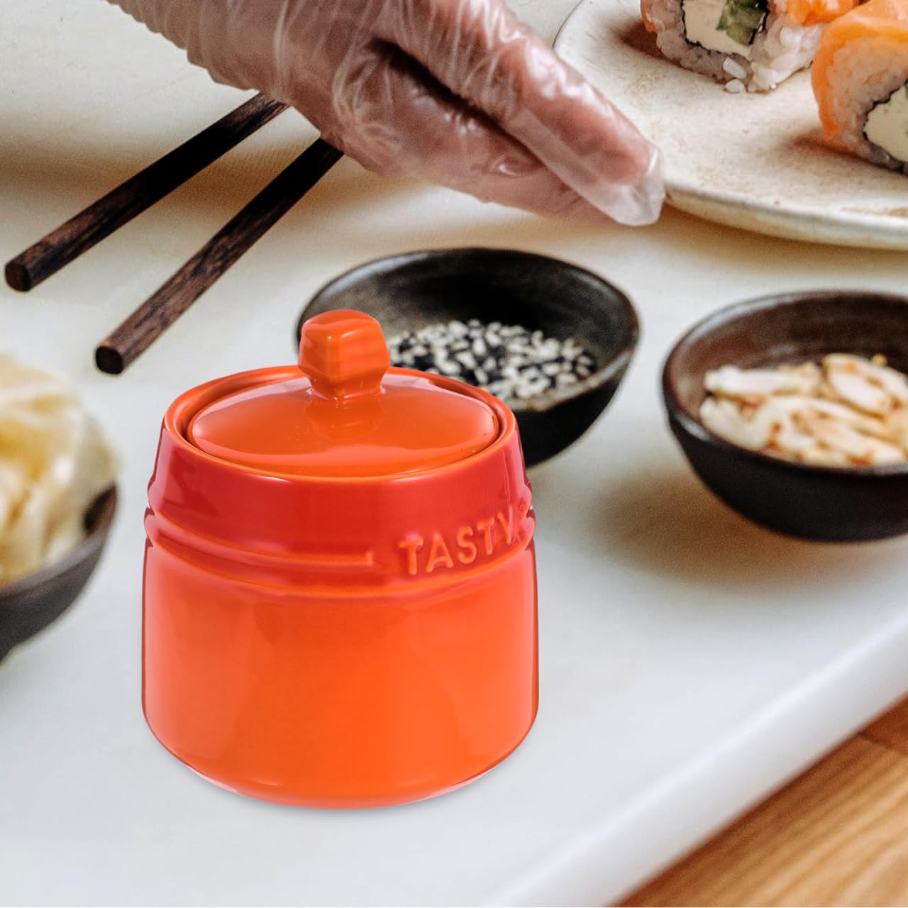 BESTonZON Seasoning Jar with Spoon 3.81X3.34X2.24In Porcelain Condiment Canister Salt Sugar Storage Container for Kitchen and Home Organization