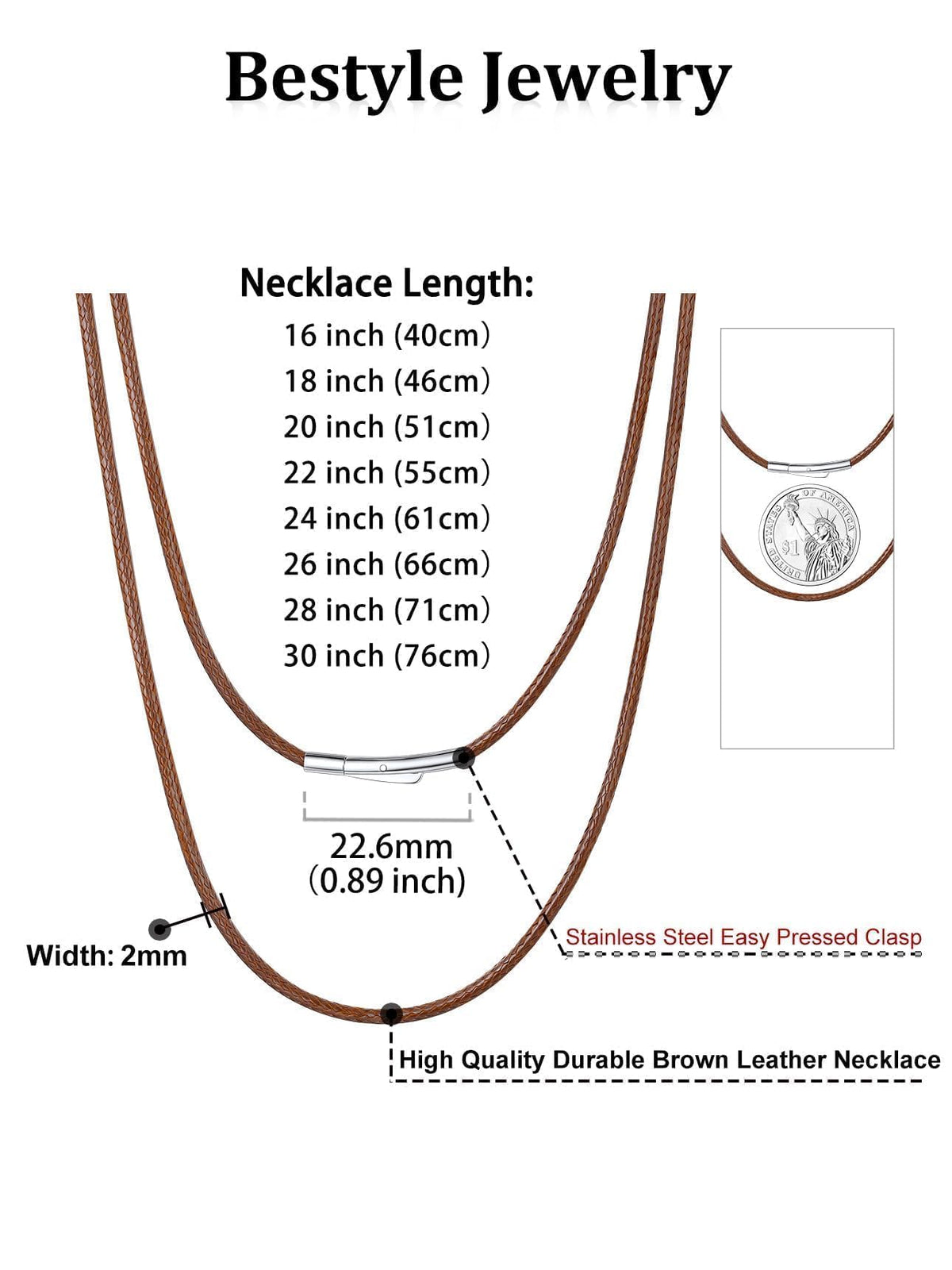 Bestyle Brown Leather Necklace for Men Women,Waterproof Wax Woven Rope Chain with Stainless Steel Clasp, 2MM Leather Cord Necklace for Pendants 16"