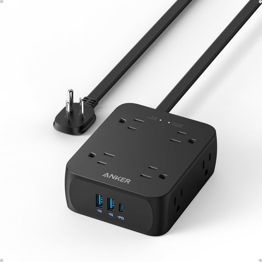 Anker Surge Protector Flat Plug Power Strip 2000J, 5ft Thin Extension Cord, 8 Outlets,2 USB A and 1 USB C Port,20W for iPhone15,Wall Mount,Compact for Home,Office,Room,TUV Listed