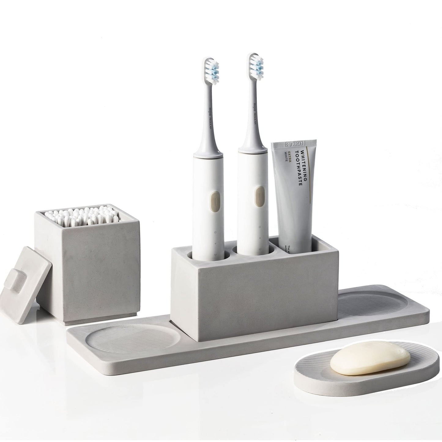 Bathroom Accessory Set Grey, Diatomite, Bathroom Accessories Countertop Complete with Electric Toothbrush Holders, Soap Dish Set