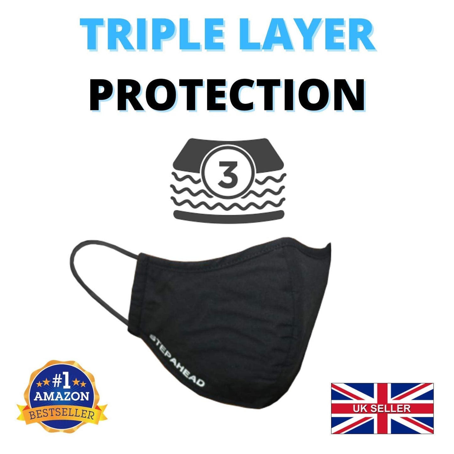 Step Ahead ® | 5 Pack Triple Layer Cotton Black Face Mask (Pack of 5) Unisex Reusable Fashion Washable | Nano Mesh Water Repellent Layer- Protects from Dust, Pollution, Droplets