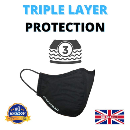 Step Ahead ® | 5 Pack Triple Layer Cotton Black Face Mask (Pack of 5) Unisex Reusable Fashion Washable | Nano Mesh Water Repellent Layer- Protects from Dust, Pollution, Droplets