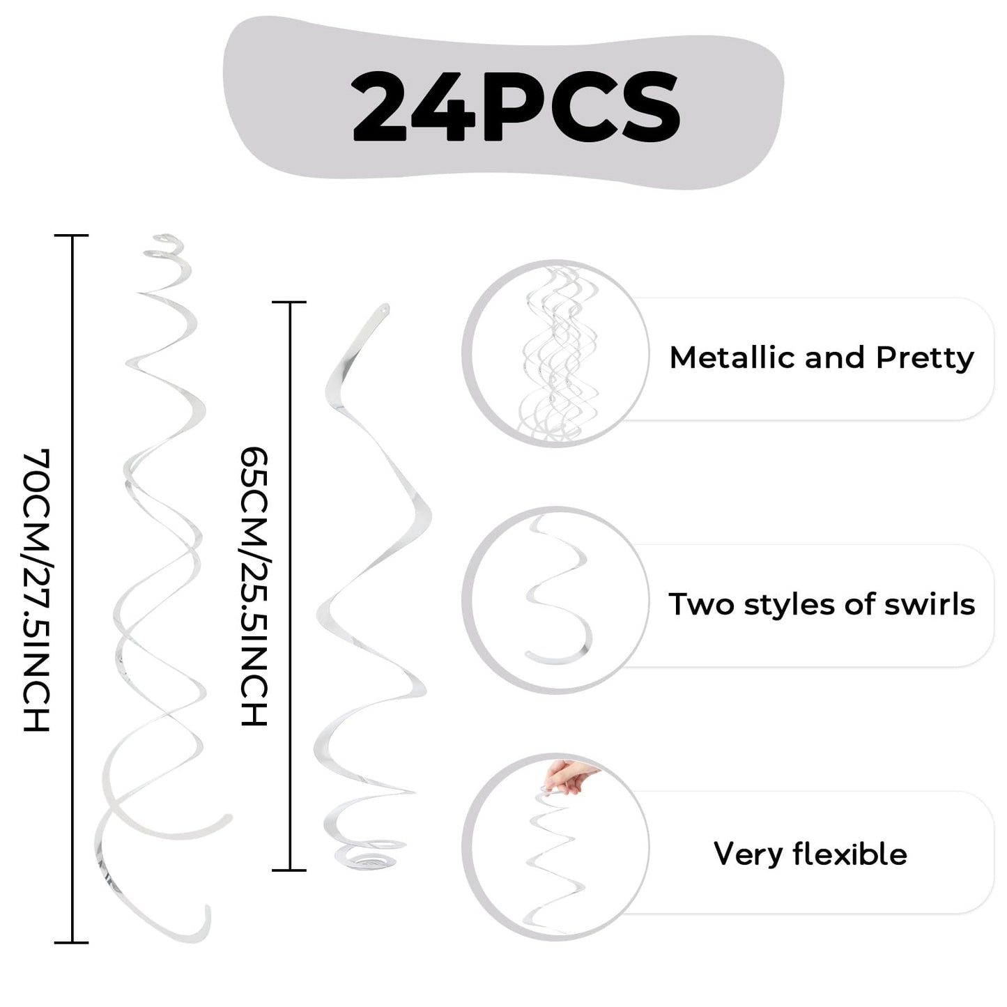 24 PCS Silver Foil Hanging Swirl, Sparkle Ceiling Hanging Decorations, Plastic Streamer Party Decorations, Swirl Decorations with Double-Swirls and Single-Swirls for Birthday, Baby Shower, New Years