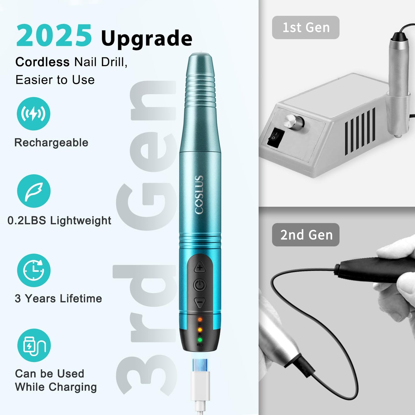 COSLUS Cordless Nail Drill Electric File: Professional for Acrylic Gel Dip Powder Nails Portable Nail Drill Machine Kit for Manicure Pedicure Nail Set with Everything Rechargeable Lightweight