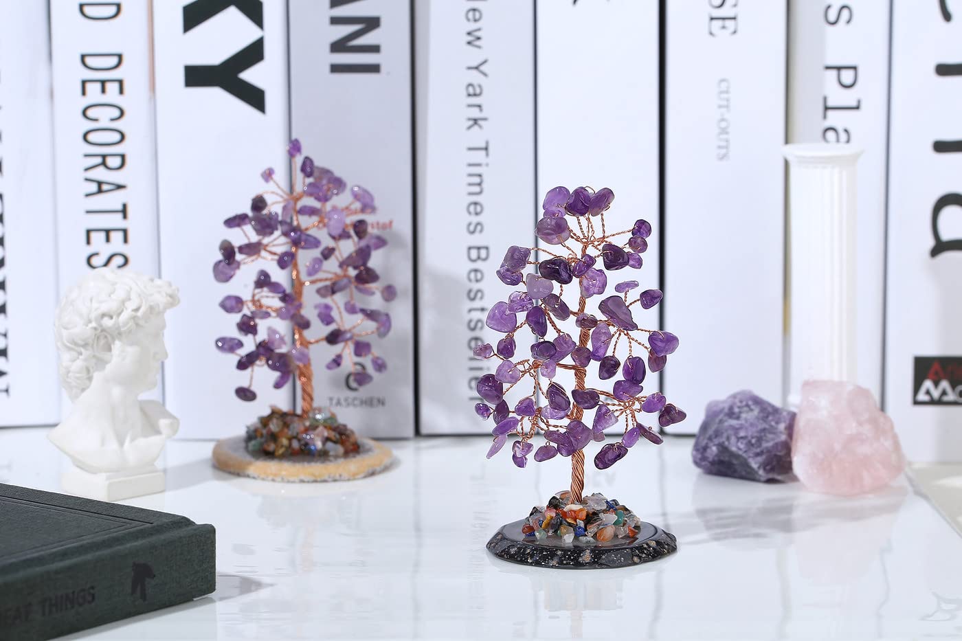 Amethyst Healing Crystal Tree of Life Natural Gemstone Agate Slice Base Copper Wire Wrapped Money Trees Feng Shui Reiki Spiritual Energy Decorations Home Office Room Desk Decor Gifts for Women Men
