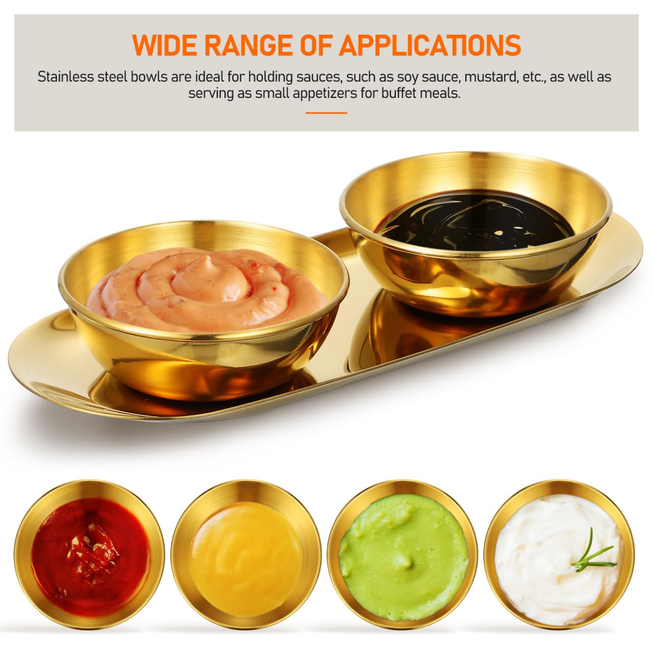 AUTSUPPL Gold Stainless Steel Sauce Bowl Tray Set with 6 Small Dipping Bowls and 2 Decorative Oval Trays for Sushi Seasoning and Home Dining