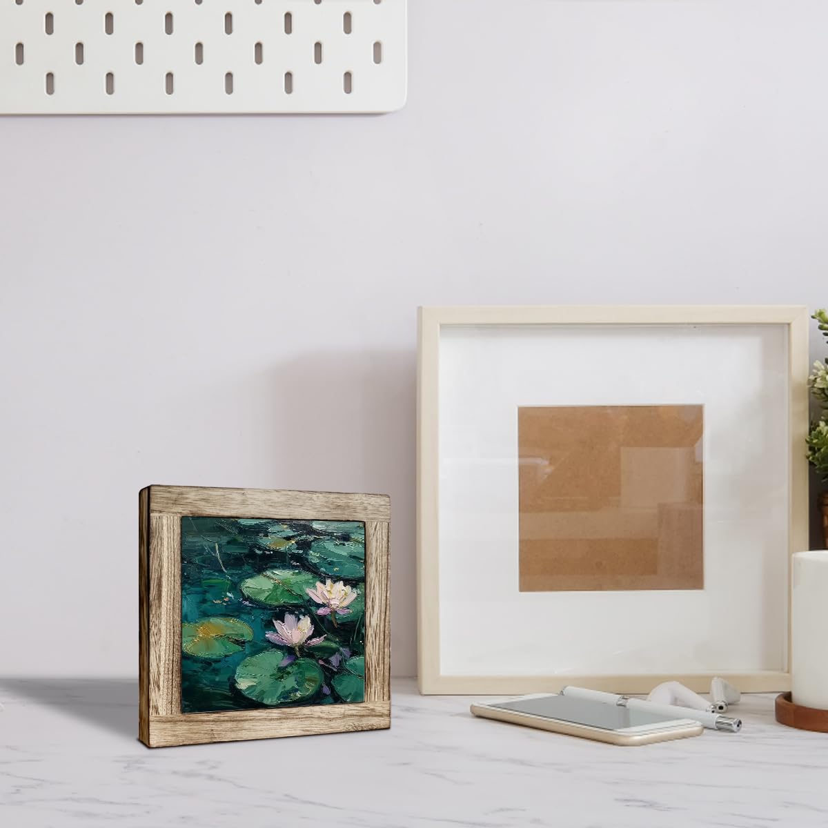 Lotus Desk Decor Wooden Box Sign, Tranquil Water Lily Oil Painting Style Tabletop Plaque, Zen Nature Shelf Counter Accent, Rustic Farmhouse Floral Gift for Home Office