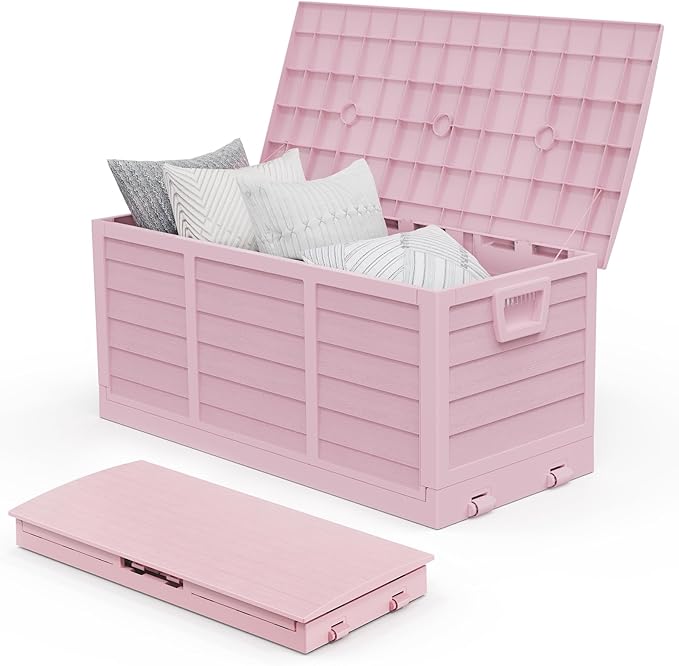 VINGLI 75 Gallon Collapsible Outdoor Storage Box, Simple-to-assemble Plastic Storage Containers with Lid, Patio Deck Box Furniture for Garden, Pool, Balcony, Yard (Pink)