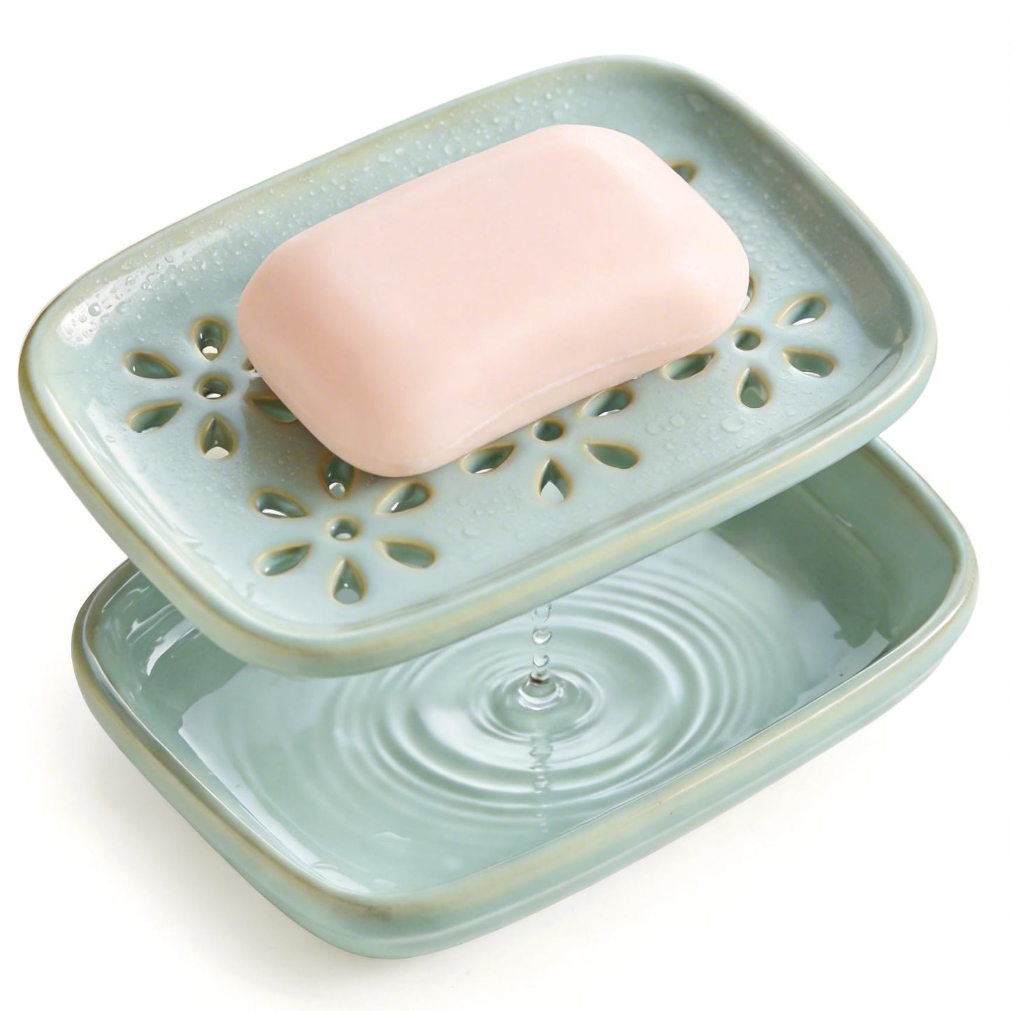 Miamolo Soap Dish for Shower with Drainage, 2-Tier Soap Holder for Bar Soap Sponge, Ceramic Soap Dish with Removable Drip Tray for Bathroom Sink, Mess-Free, Easy Cleaning Dishwasher Safe, Blue