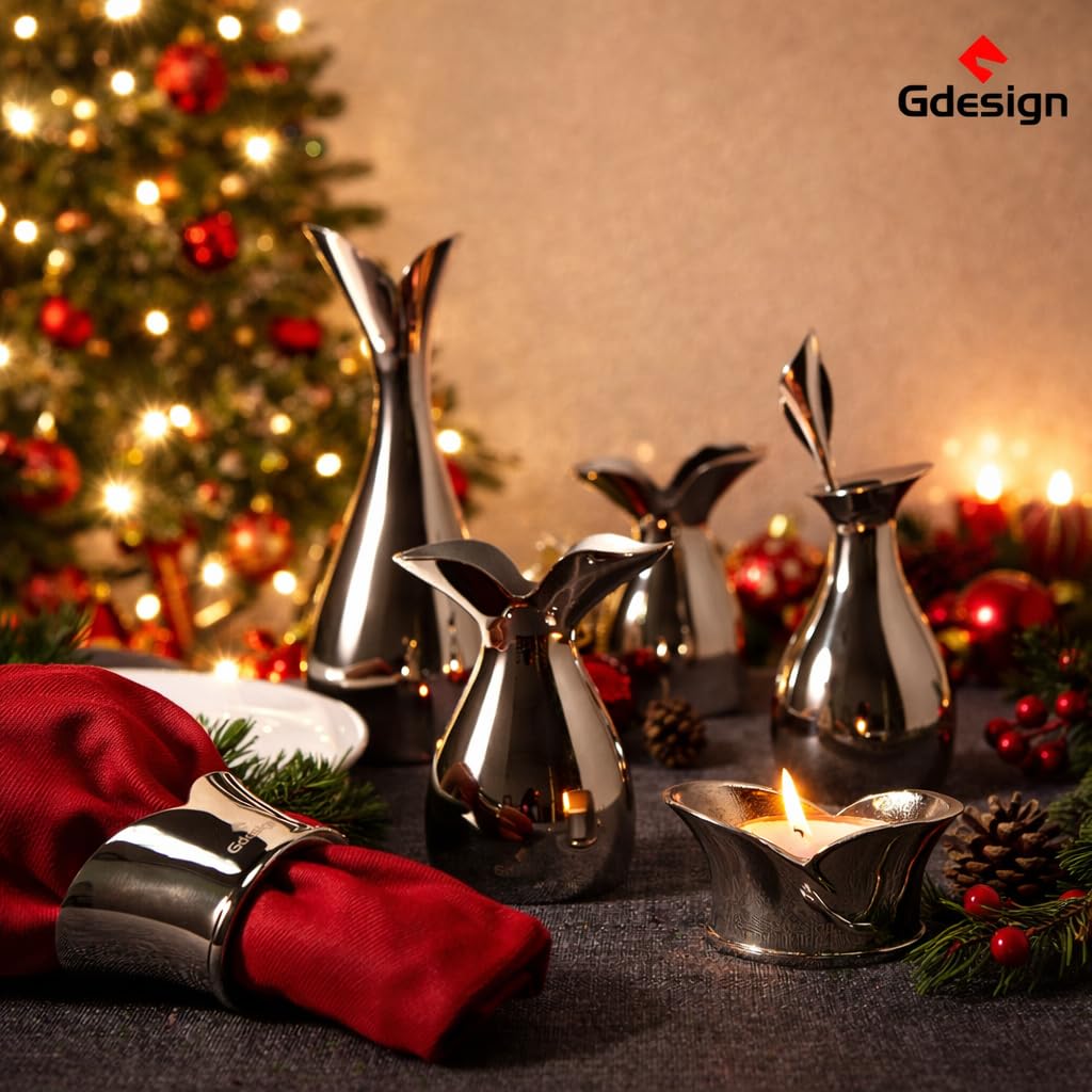 Gdesign Stainless Steel Home Decor Accessory Set, Flatware Table Set with Small Vase, Dessert Fork and Holder, Napkin Ring, Salt and Pepper Shaker, Tealight Candle Holder, Gift for Wedding, Birthday