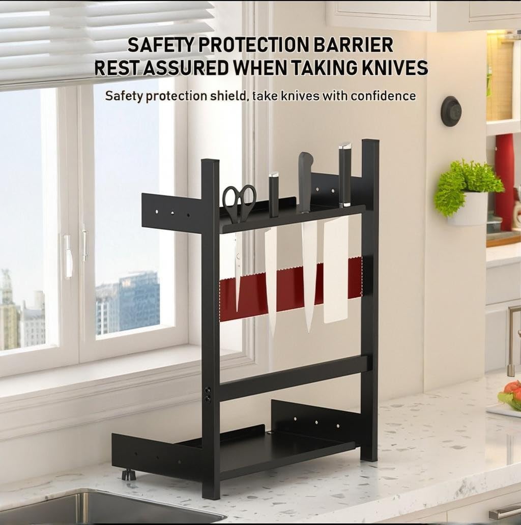 3-Tier Spice Rack Organizer with Knife Holder, Black Metal Counter Storage Shelf, 15.75x15.5x6.69 Inch, Adjustable Height, Detachable Design