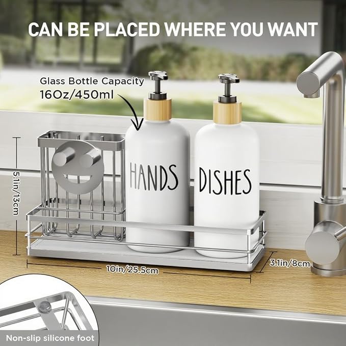Moforoco Kitchen Dish Soap Dispenser Set, 16OZ Glass Bottle, Hand and Dish Soap