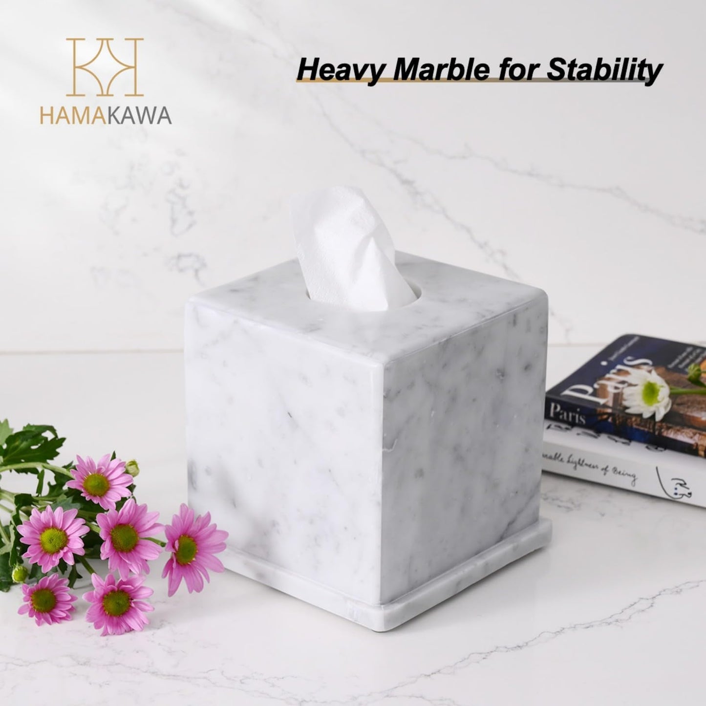 HAMAKAWA Natural Marble Tissue Box Cover, Carrara White Tissue Organizer 6 x 6 x 5.7 inch, Heavy Stone Decorative Box, Square Tissue Box Holder for Home Decor, Kitchen, Bathroom, Bedroom