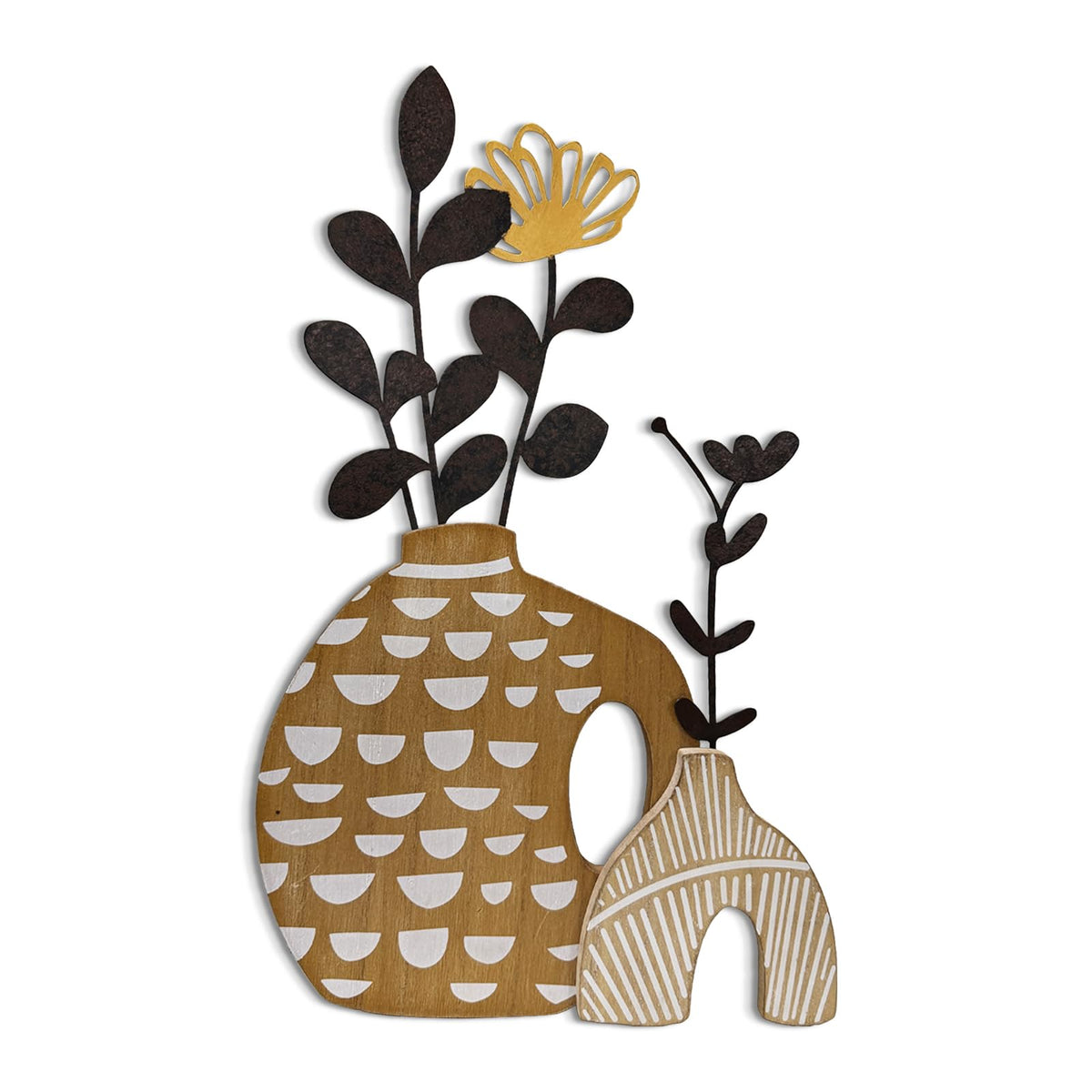 WOPARTY Rustic Metal and Wood Flowers Wall Art, Bohemian Vase with Flower Design, Black and Gold, 16.2x10 Inch, Farmhouse Wall Decor Home Bedroom Dining Room Housewarming