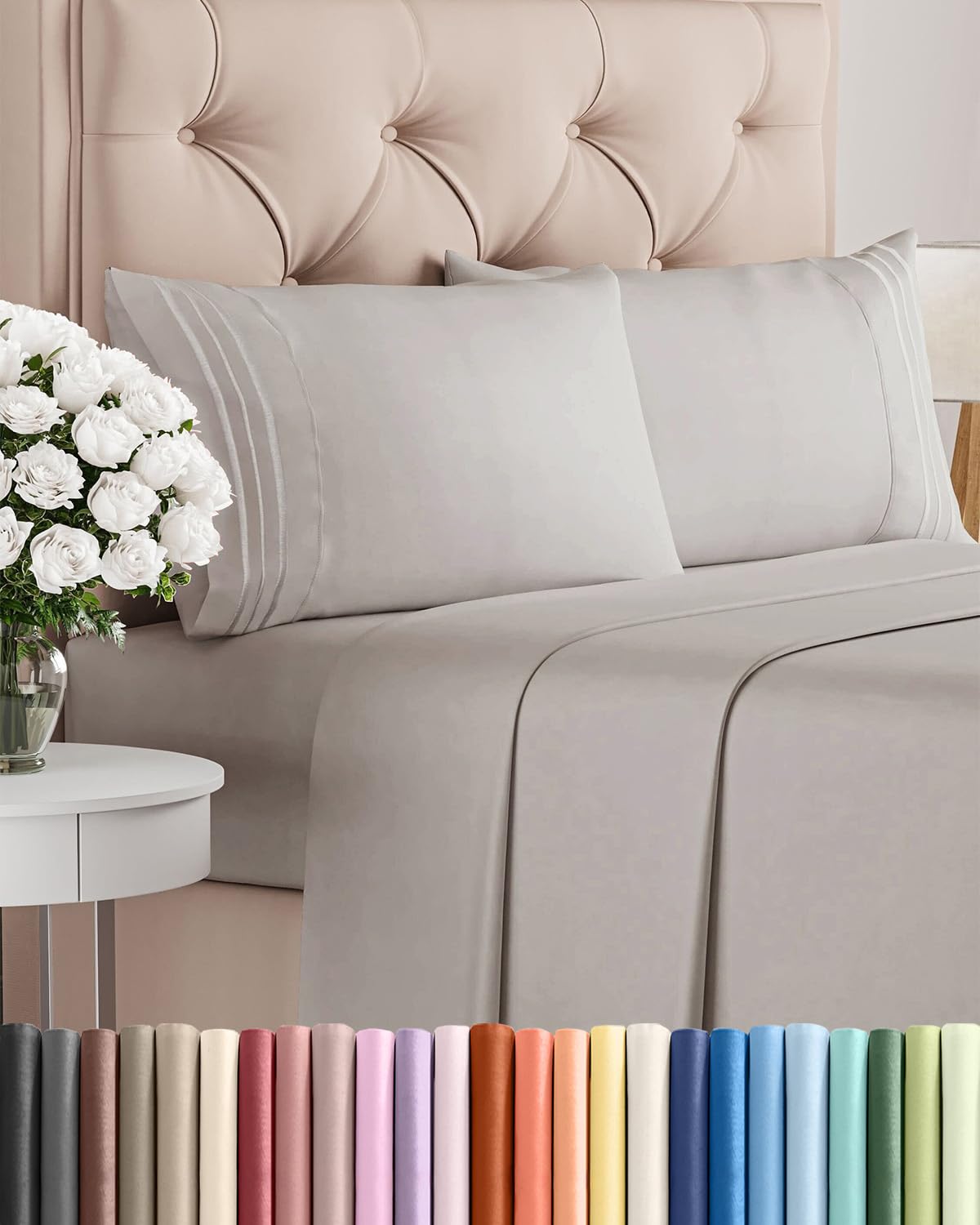 King Size 4 Piece Sheet Set - Comfy Breathable & Cooling Sheets - Hotel Luxury Bed Sheets for Women and Men - Deep Pockets, Easy-Fit, Soft and Wrinkle Free Sheets - Light Grey Oeko-Tex Bed Sheet Set