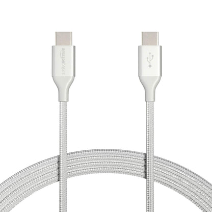 Amazon Basics USB-C to USB-C 2.0 Fast Charger Cable, Nylon Braided Cord, 480Mbps Speed, USB-IF Certified, for Apple iPhone 16/15, iPad, Samsung Galaxy, Tablets, Laptops, 10 Foot, Silver