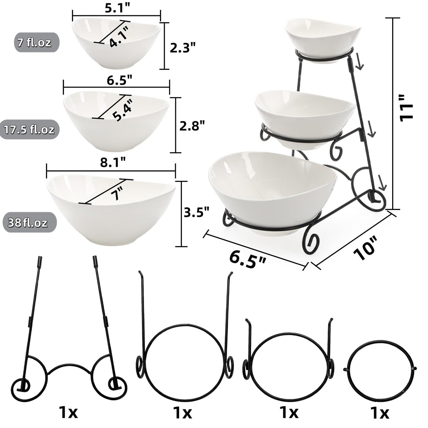 Covzoe Chip and Dip Serving Set, 3 Tiered Ceramic Serving Bowl Dishes with Collapsible Metal Rack, Appetizer Food Display Stand Platters for Fruit Dessert Party Entertaining