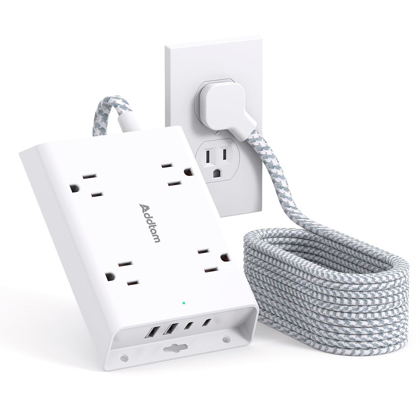 Surge Protector Power Strip, Addtam 5 ft Flat Plug Extension Cord with 4 USB Wall Charger(2 USB C Port), 4 Widely Outlets Desk Charging Station, Home Office and College Dorm Room Essentials
