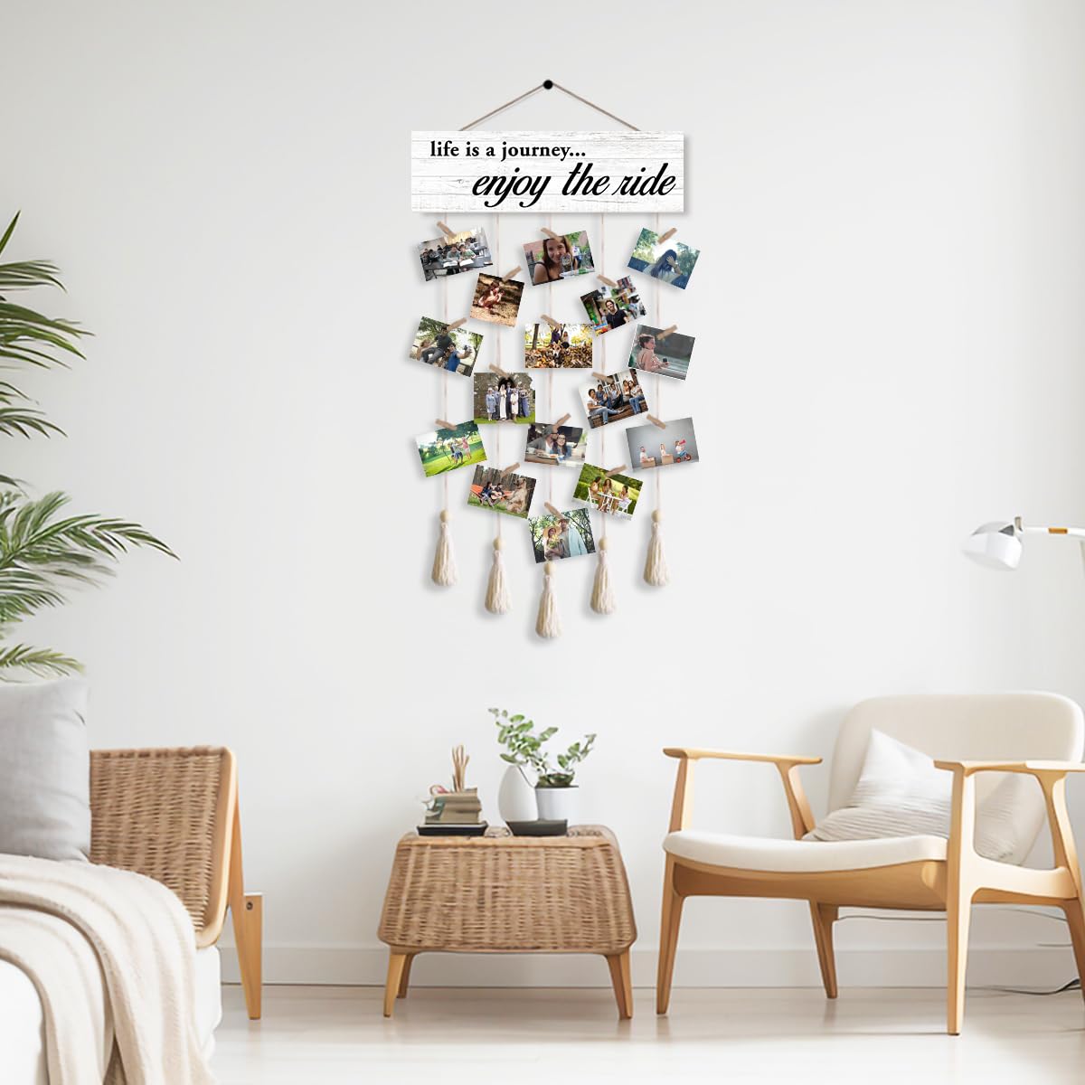 Gwisml Hanging Photo Display with 16 Clips 5 Strings,Rustic Style Picture Collage Frames Wall Decor Wood Hanging for Home Living Room Décor,Housewarming Gifts,Life is A Journey Enjoy The Ride