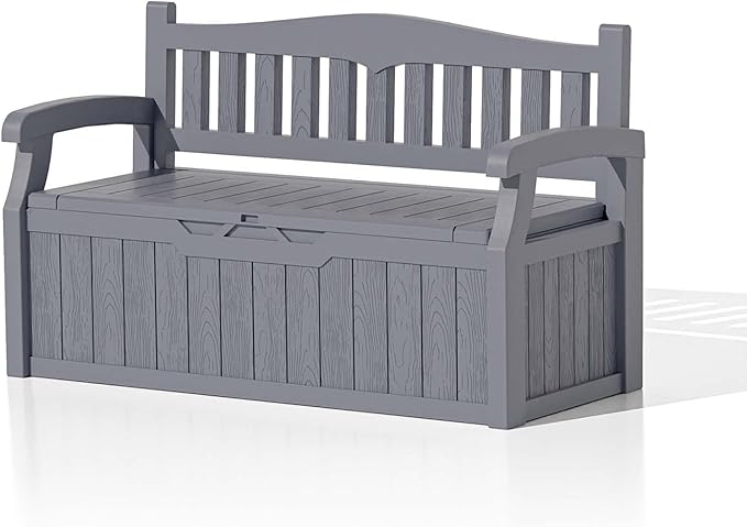 Patiowell 75 Gallon Plastic Storage Bench, Water-Resistant Deck Box for Patio Furniture, Garden Tools, Pool Storage and Outdoor Cushions, Grey