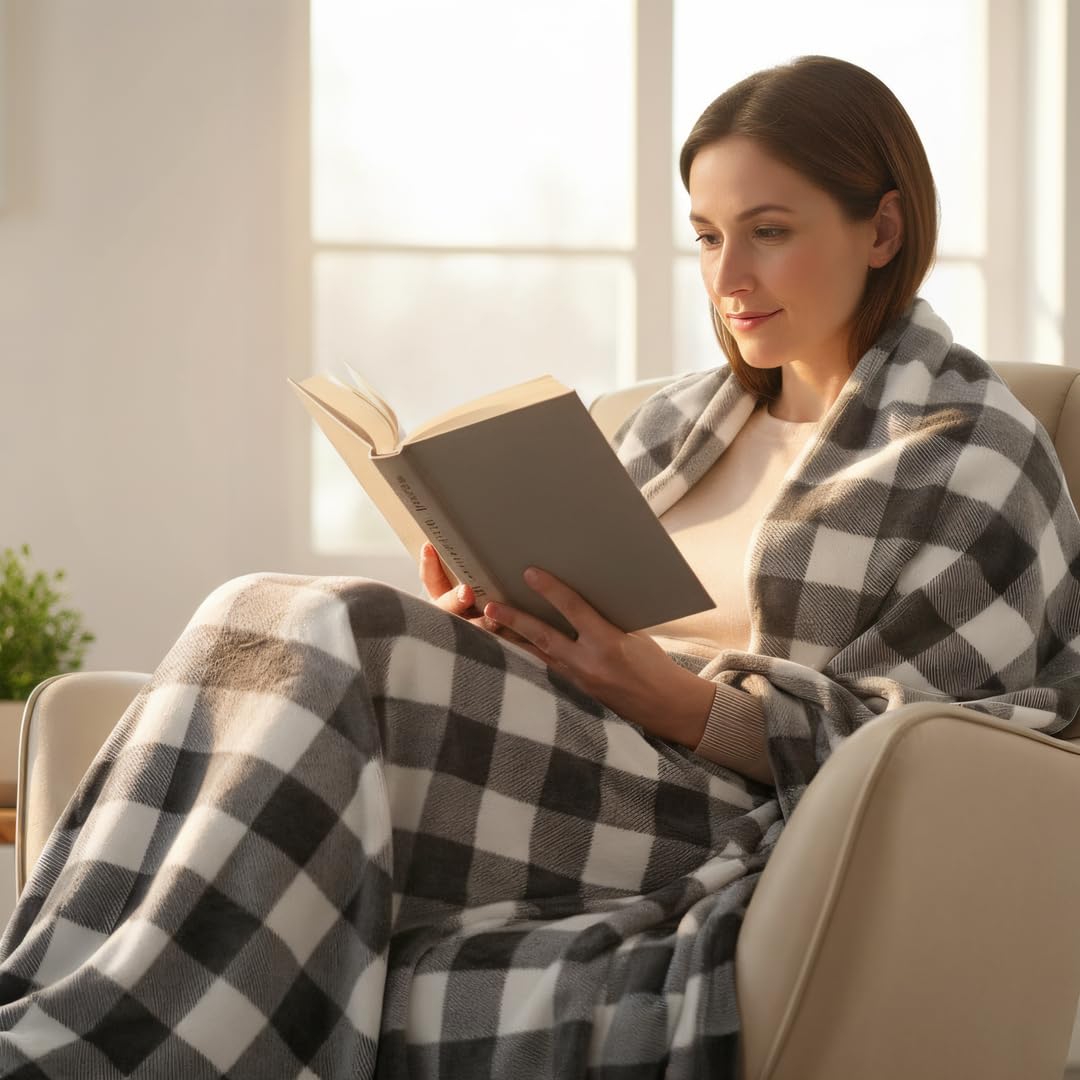 MACEVIA Flannel Fleece Throw Blanket for Couch, Buffalo Plaid Blanket Gray and White, Lightweight Cozy Soft Blanket for Bed Sofa 260GSM, Suitable for All Seasons (Gray White Checkered,60x50inches)