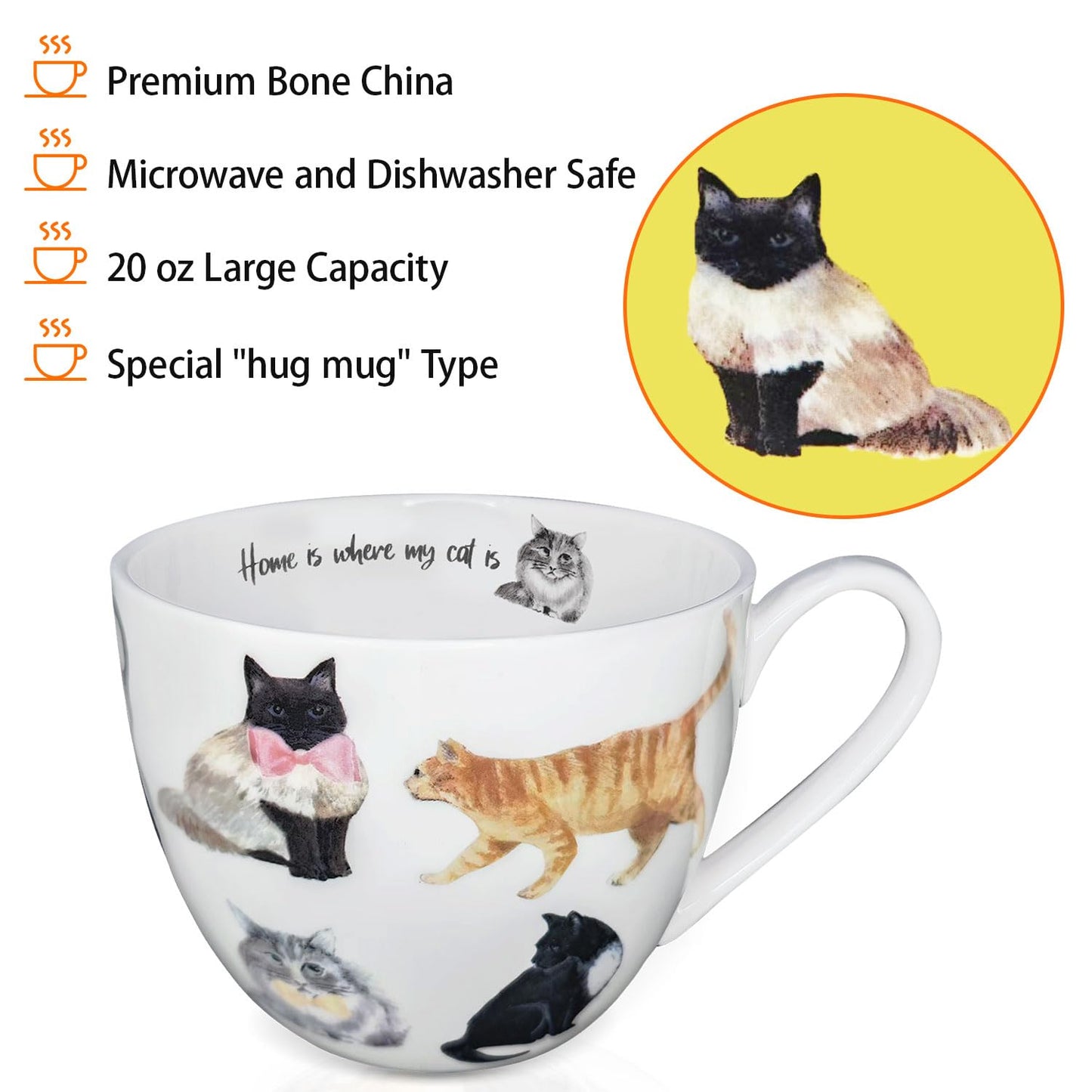 MFoffice Cute Cat Mugs for Daily Coffee and Tea, Premium 20 oz Bone China Coffee Tea Hug Mug, Perfect Holiday, Birthday, and Christmas Gift for Cat Lovers, Designed in England by Harvest Green Studio