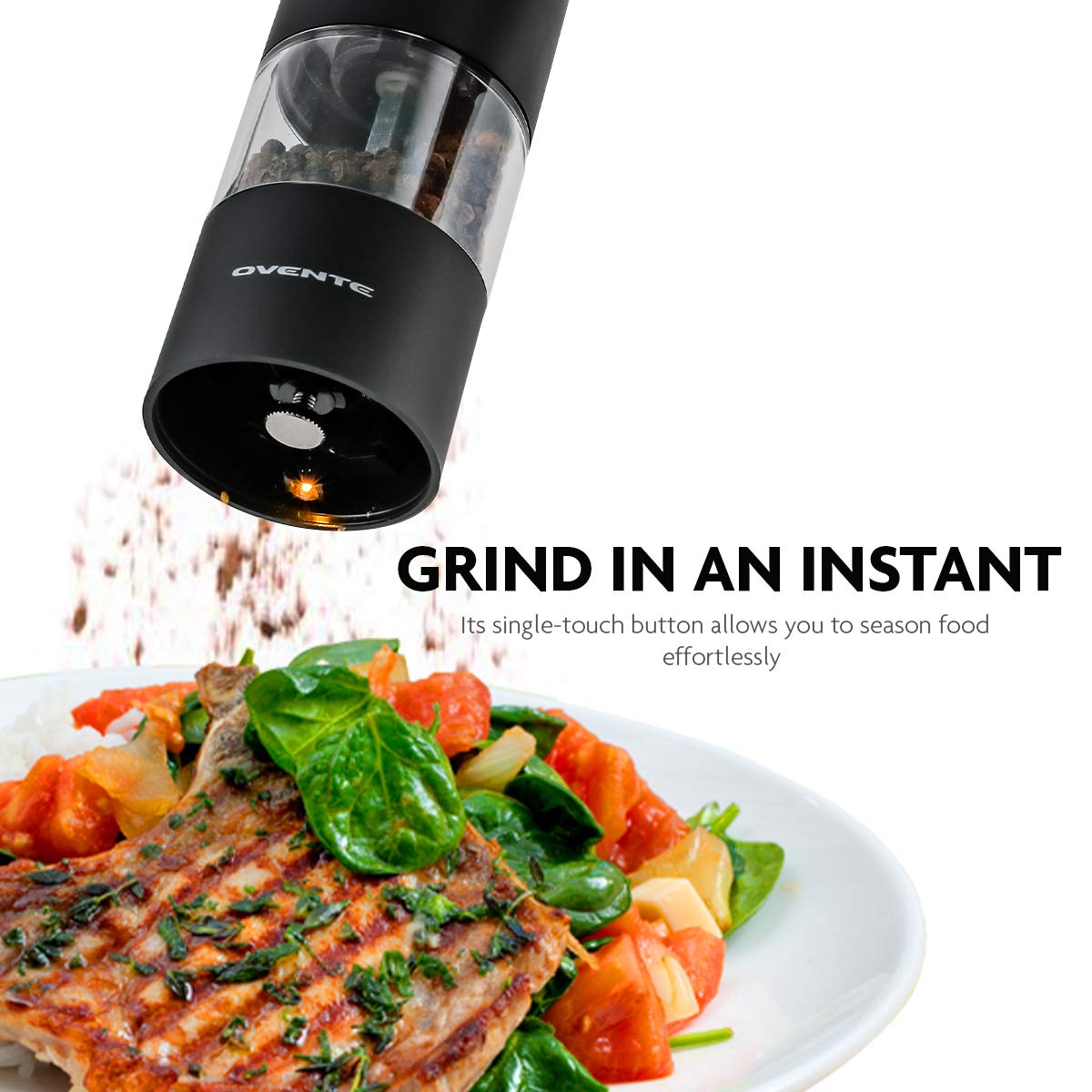 OVENTE Set of 2 Electric Salt & Pepper Mill Grinder, Battery Powered Stainless Steel Blades Automatic One Handed Operation with light and Adjustable Coarseness, Black and White SPD102BW
