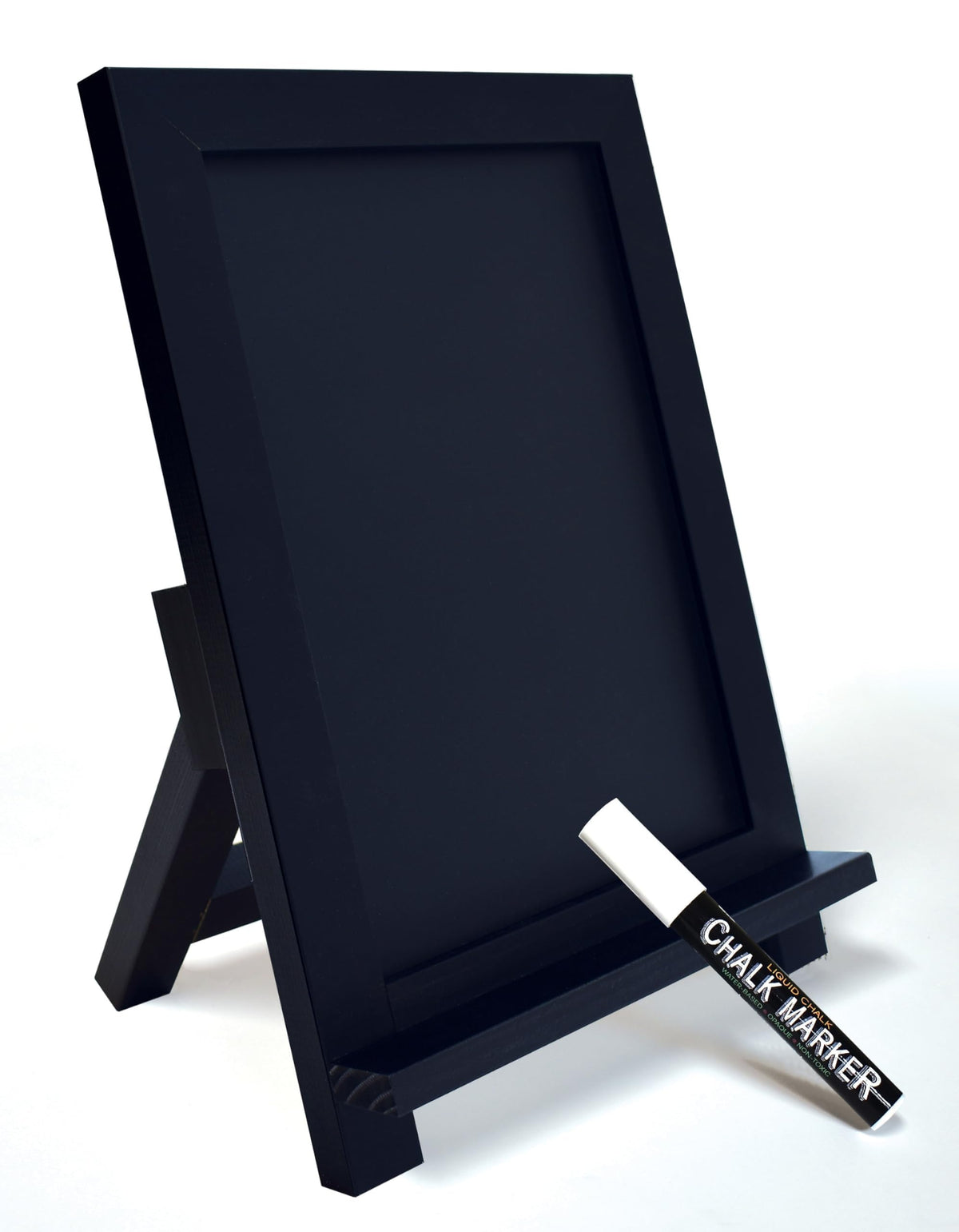 Framed Tabletop Chalkboard Sign, 9.5" x 14", Rustic Wood Frame, Small Magnetic Chalkboard with Built-in Ledge, Folding Stand, & One White Chalk Marker, by Better Office Products (Solid Black)