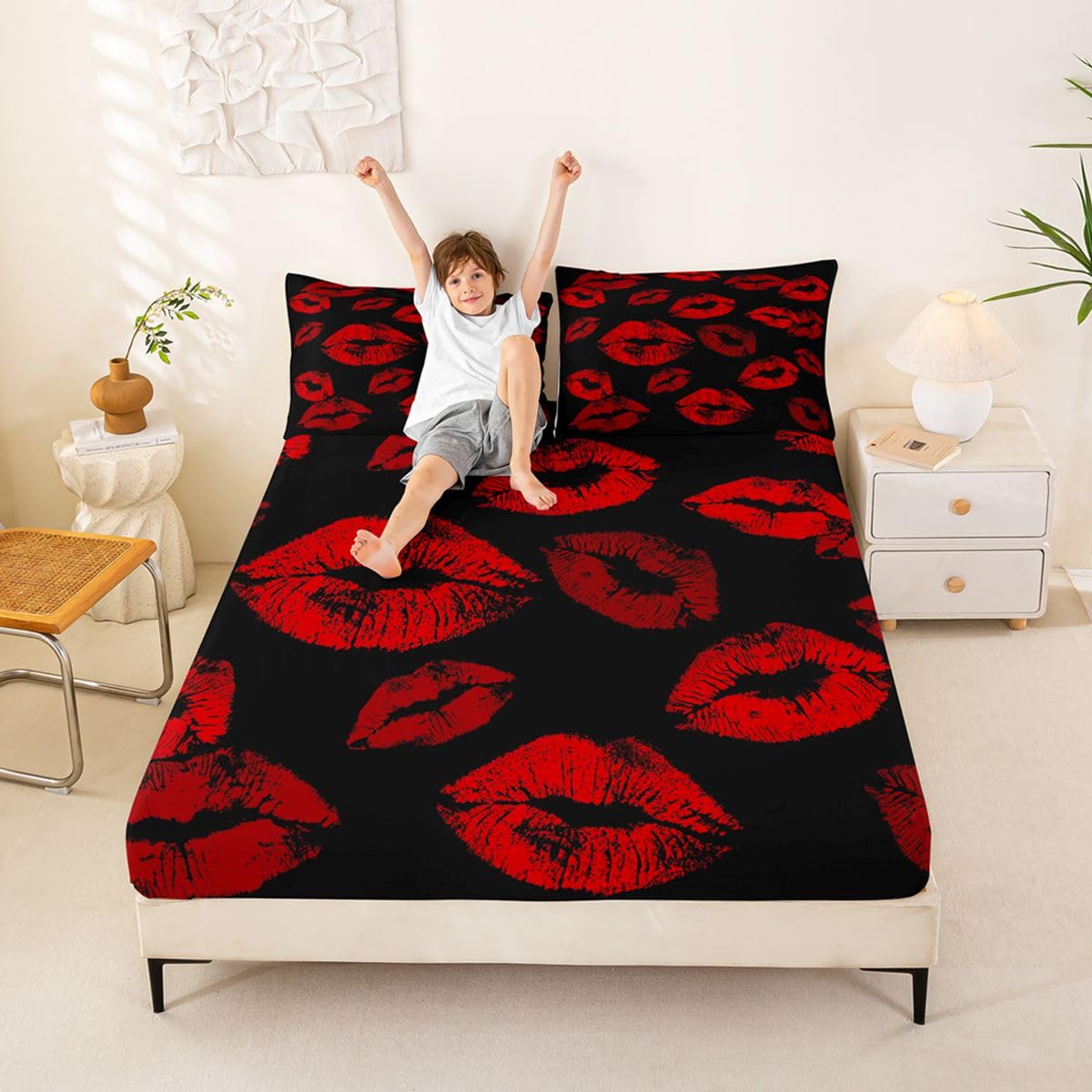 Feelyou Lips Fitted Sheet Full Size for Kids Boys Girls Kissing Lips Bed Sheets Set 16" Deep Pocket Soft Breathable Microfiber Romantic Bedding with 2 Pillowcases Room Decor