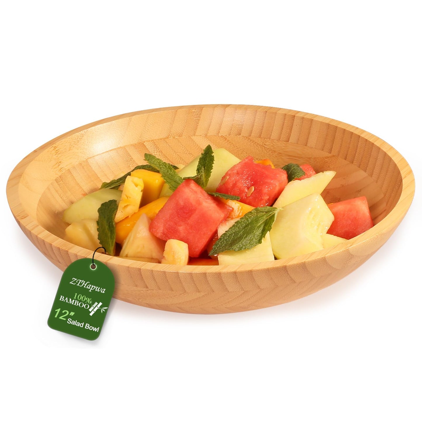 ZTHapwa Bamboo Salad Bowl, 12'' Large Fruit Bowl for Kitchen Counter, Bamboo Wooden Big Serving Bowls for Snacks/Desserts/Appetizers/Nuts/Soup, Farmhouse Decorative Dish for Home Décor, 100 oz