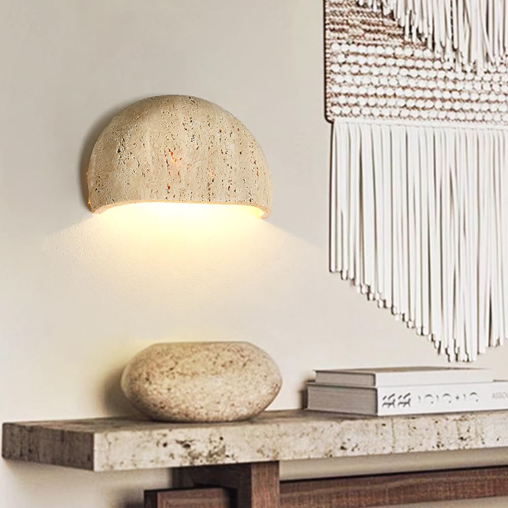 WOSBO Yellow Travertine Wall Sconce, 7.87" Wabi Sabi Light Fixture with Half Moon Natural Stone Lampshade Japanese Style Marble Wall Sconce Perfect for Kitchen Island Bedroom Living Room Farmhouse