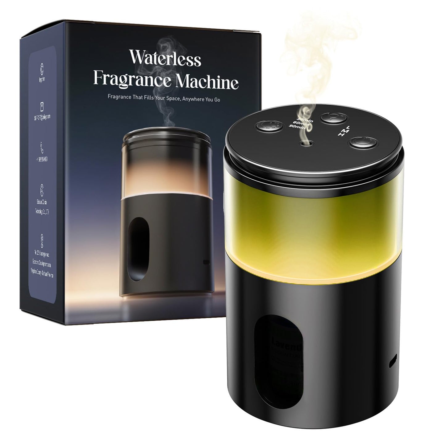 Pmsusoow Battery Operated Waterless Diffuser – Portable Scent Machine for Car, Office & Bedroom, Ultrasonic Aroma Mist with 9 Color LED Light, Mini Essential Oil Diffuser Obsidian Black