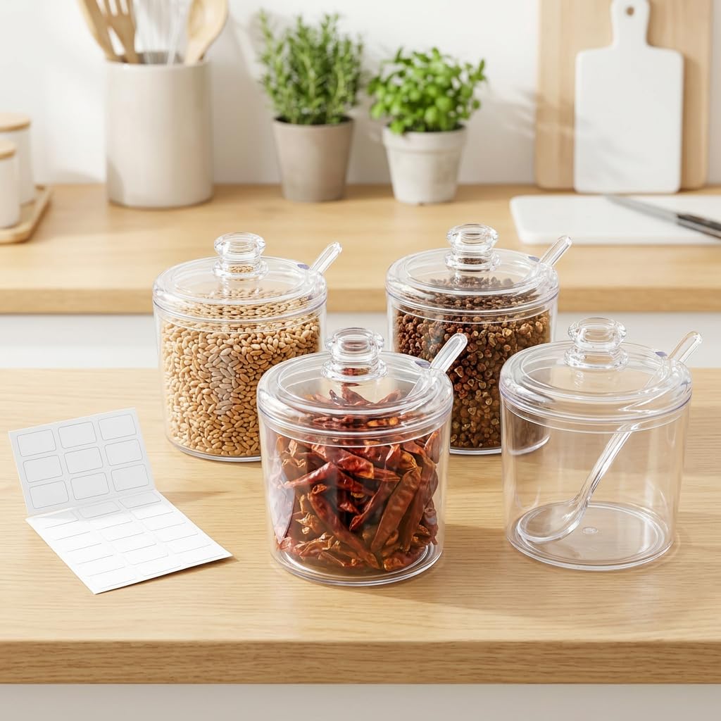 CACASO 12 Pcs Acrylic Sugar Bowls Containers, 11 oz Clear Lid Spoon Condiment Pots, Seasoning Box Storage Jar Coffee Bar Kitchen Spices Salt Tea