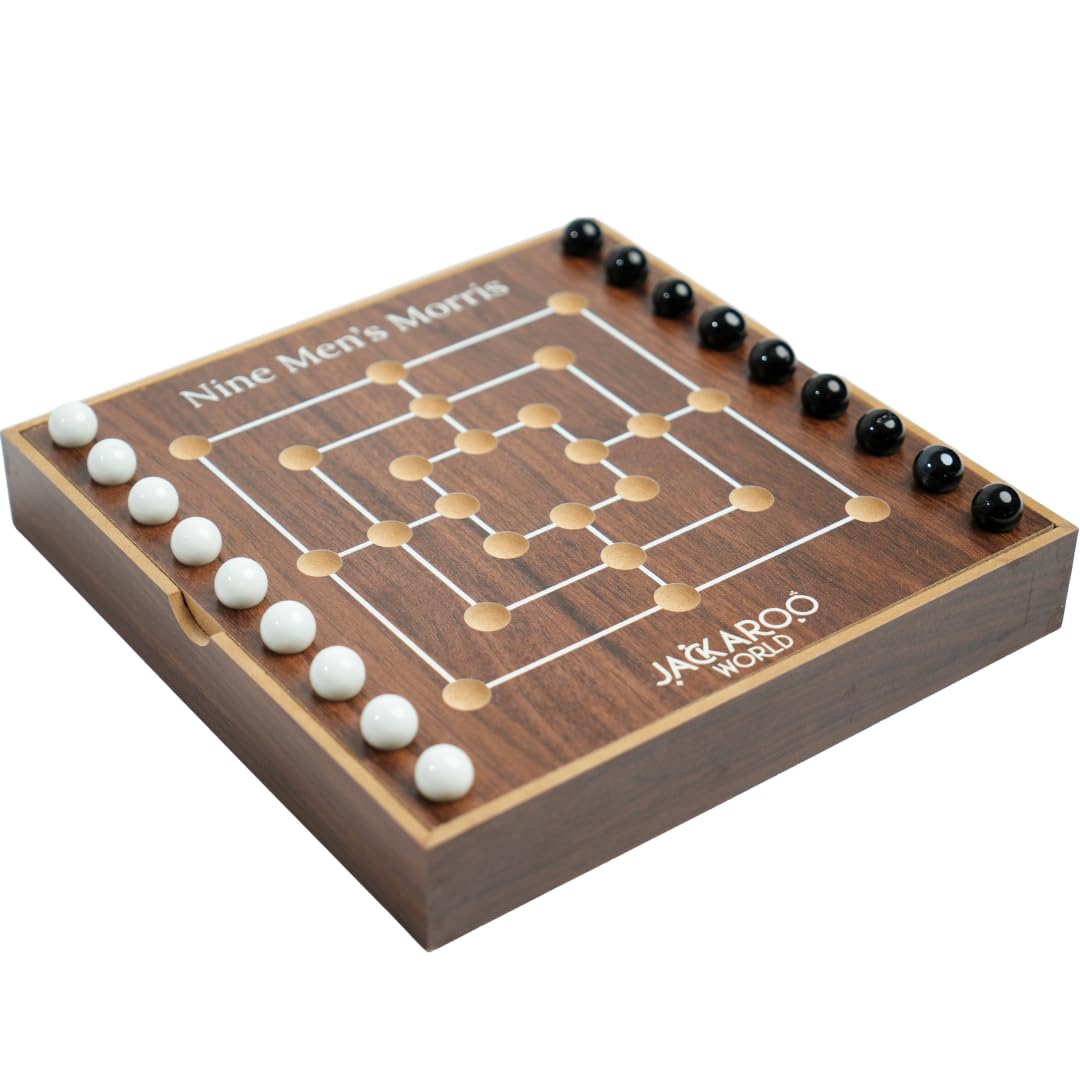 Jackaroo World Nine Mens Morris Board Game, Marble Strategy Game, Solid Wooden Game Set with 18 Marbles, 2 Player Games, Ancient Board Games, 9 Mens Morris Game Mill, Marble Board Game Wooden (Walnut)