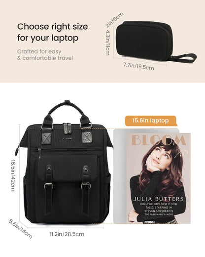 LOVEVOOK Women Laptop Backpack With Electronics Organizer Bag, USB Charging Port, 15.6inch, Water-resistant Rucksack For School College University Travel Work ,Black