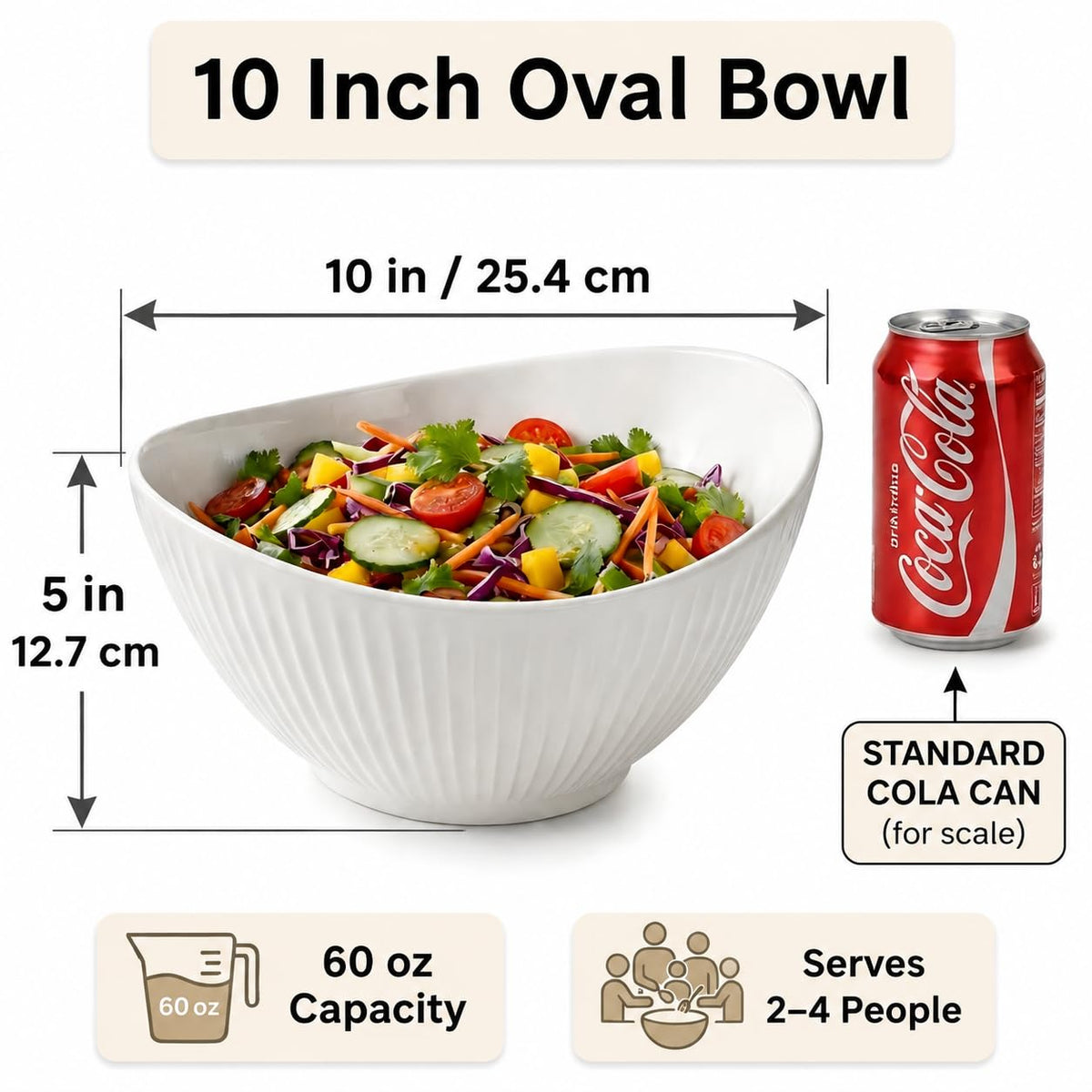 Hoilse 60oz Large Ceramic Salad Bowl with Acacia Wood Utensils, 10" Oval White Serving Bowl for Soup, Pasta, Fruit, Snacks – Mixing Bowls for Entertaining, Party, Kitchen, Dinner – Housewarming Gift