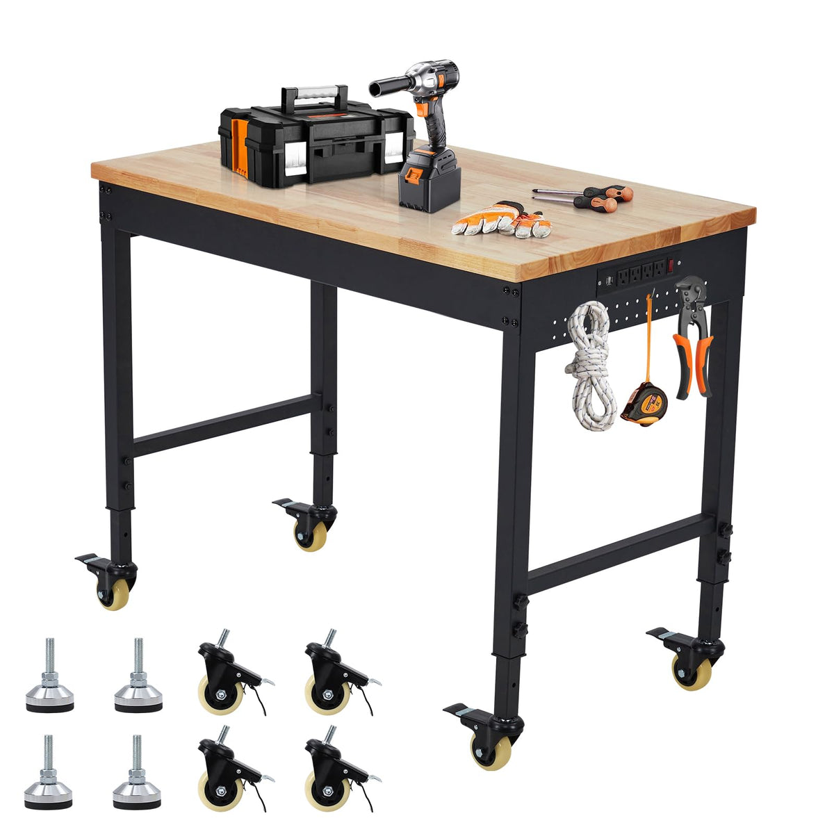 Garage Workbench with Rubber Wood Top, 48×24 Inch Heavy-Duty Workbench Workstation, 2000LBS Loading Capacity, Tool Storage Table, Locking Wheels, for Workshop, Garage, DIY Projects, Black